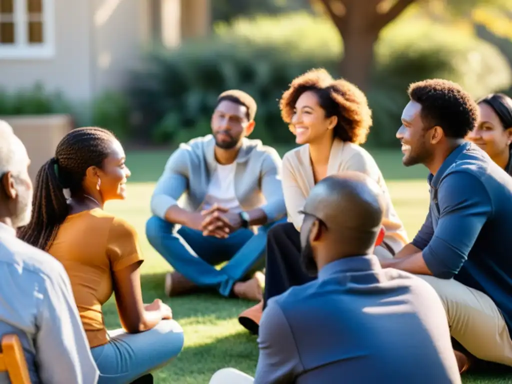 Un círculo comunitario al aire libre, personas diversas discuten sobre justicia y equidad