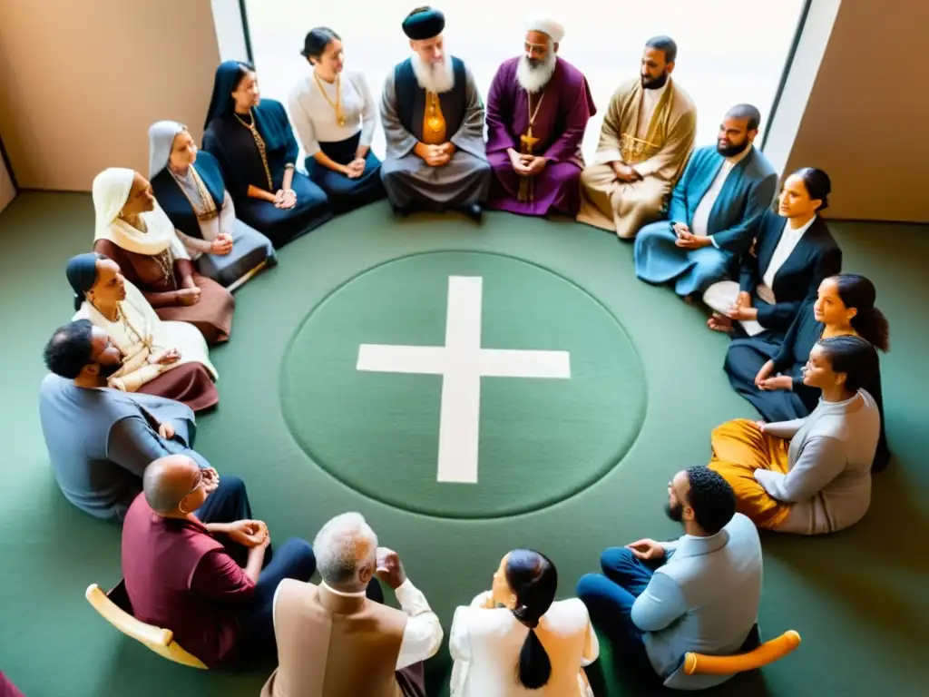 Un círculo de diálogo interreligioso en un espacio sereno, donde diferentes creencias encuentran terreno común para la armonía y el respeto mutuo