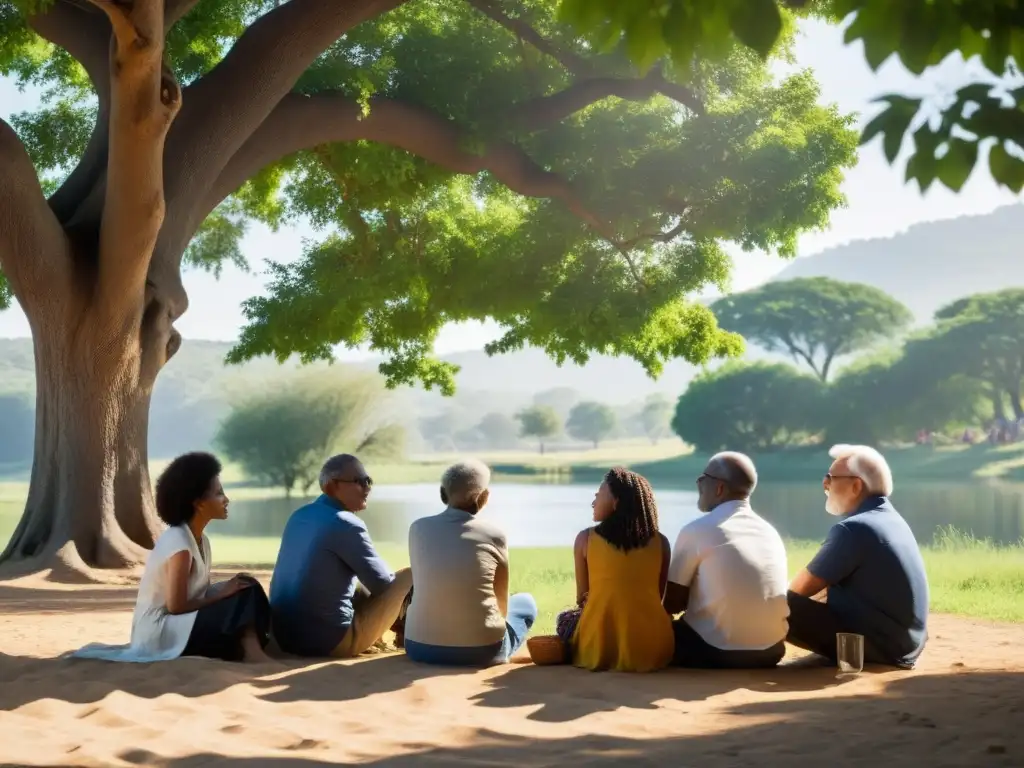 Un círculo diverso de personas discute la filosofía de justicia intergeneracional bajo un árbol