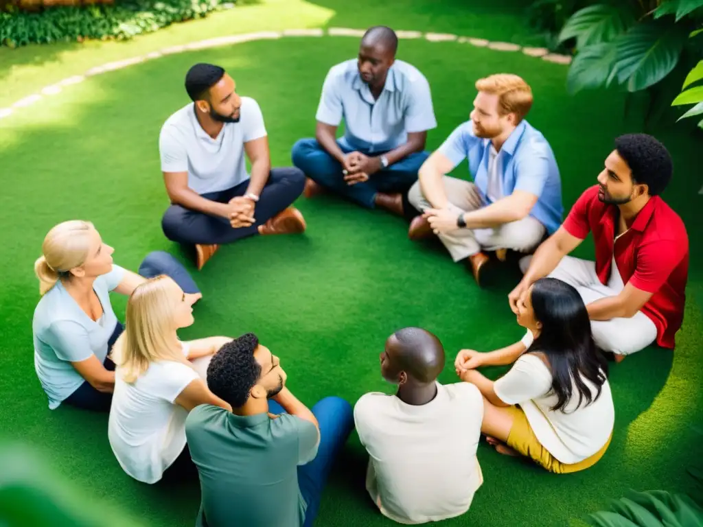 Un círculo diverso de personas conversa con respeto y apertura en un entorno natural