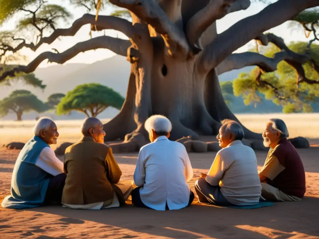 Un círculo de ancianos comparte enseñanzas filosóficas subsaharianas bajo un árbol al atardecer