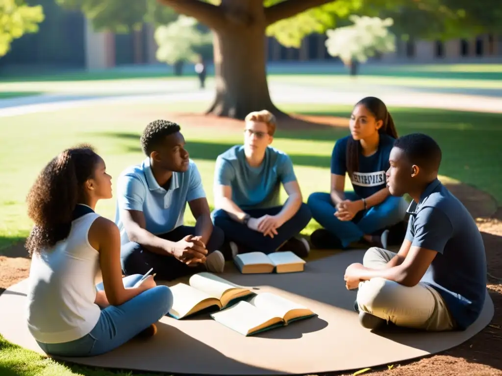 Un círculo de estudiantes diversos en profunda discusión al aire libre, rodeados de libros y cuadernos