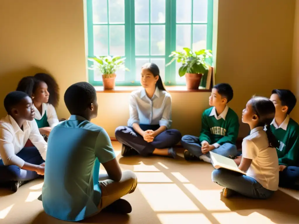 Un círculo de estudiantes escuchando atentamente al maestro en una atmósfera de reflexión y diálogo