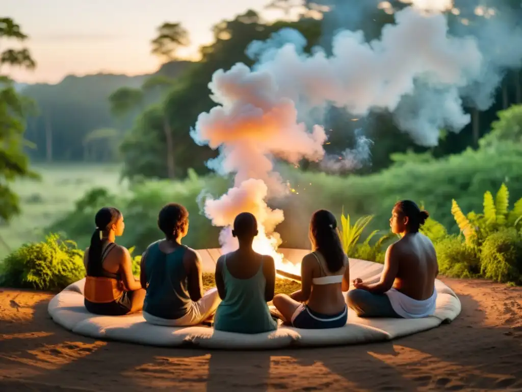 Un círculo de indígenas meditando al atardecer en la naturaleza