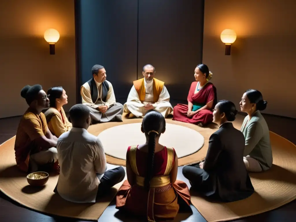 Un círculo de individuos de diversas culturas conversando en un ambiente íntimo e iluminado, expresando variedad de emociones y participación activa