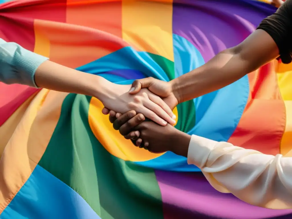 Un círculo de individuos diversos se toman de las manos frente a la bandera del arcoíris