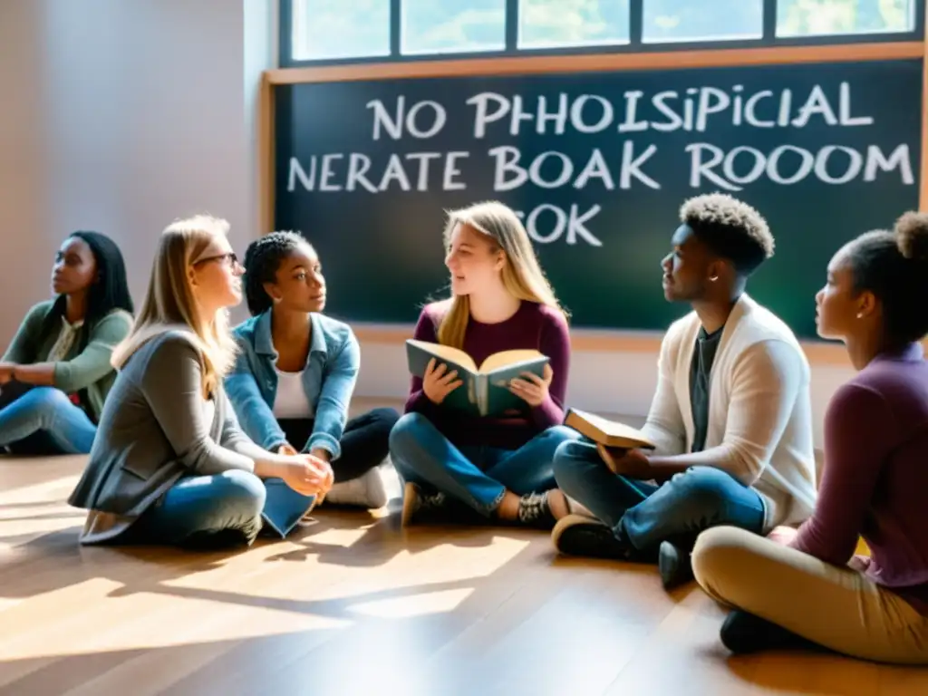 Un círculo de estudiantes discuten filosofía con intensidad, rodeados de libros y citas