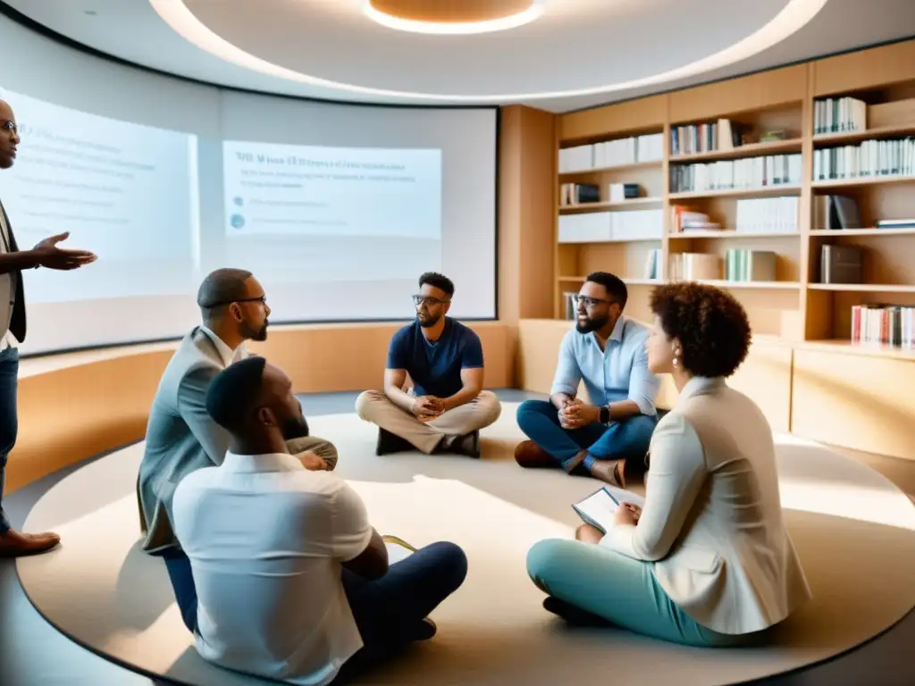 Un círculo de líderes diversos discutiendo con expresiones enfocadas, rodeados de libros y pizarras, en un ambiente cálido que potencia el poder de la pregunta en filosofía