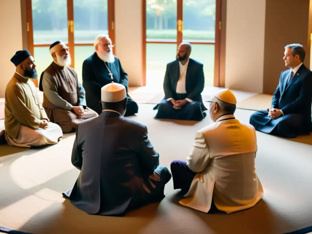 Un círculo de líderes religiosos de diferentes tradiciones en profunda conversación y oración, irradiando armonía y respeto