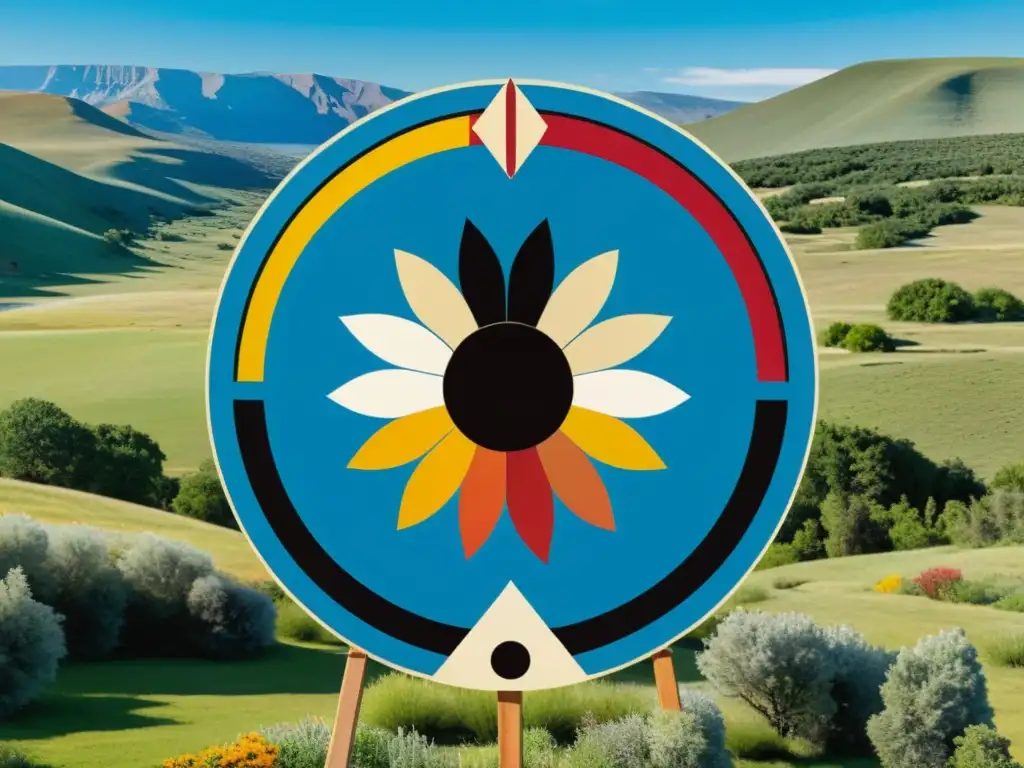Un círculo de medicina nativa americana con piedras y plumas coloridas, rodeado de plantas medicinales y paisaje sereno