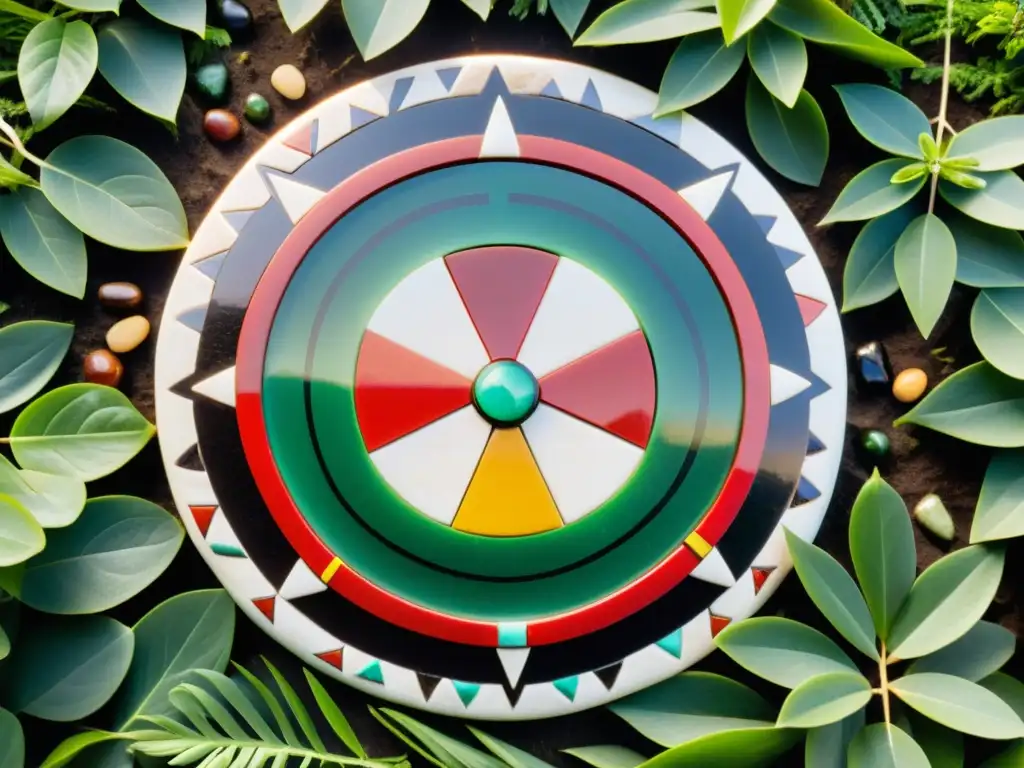Un círculo de medicina nativo americano con piedras coloridas y símbolos detallados, rodeado de vegetación exuberante