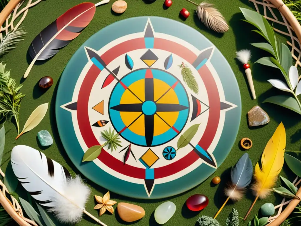 Un círculo de medicina nativo americano con piedras y símbolos coloridos, rodeado de naturaleza exuberante y serena