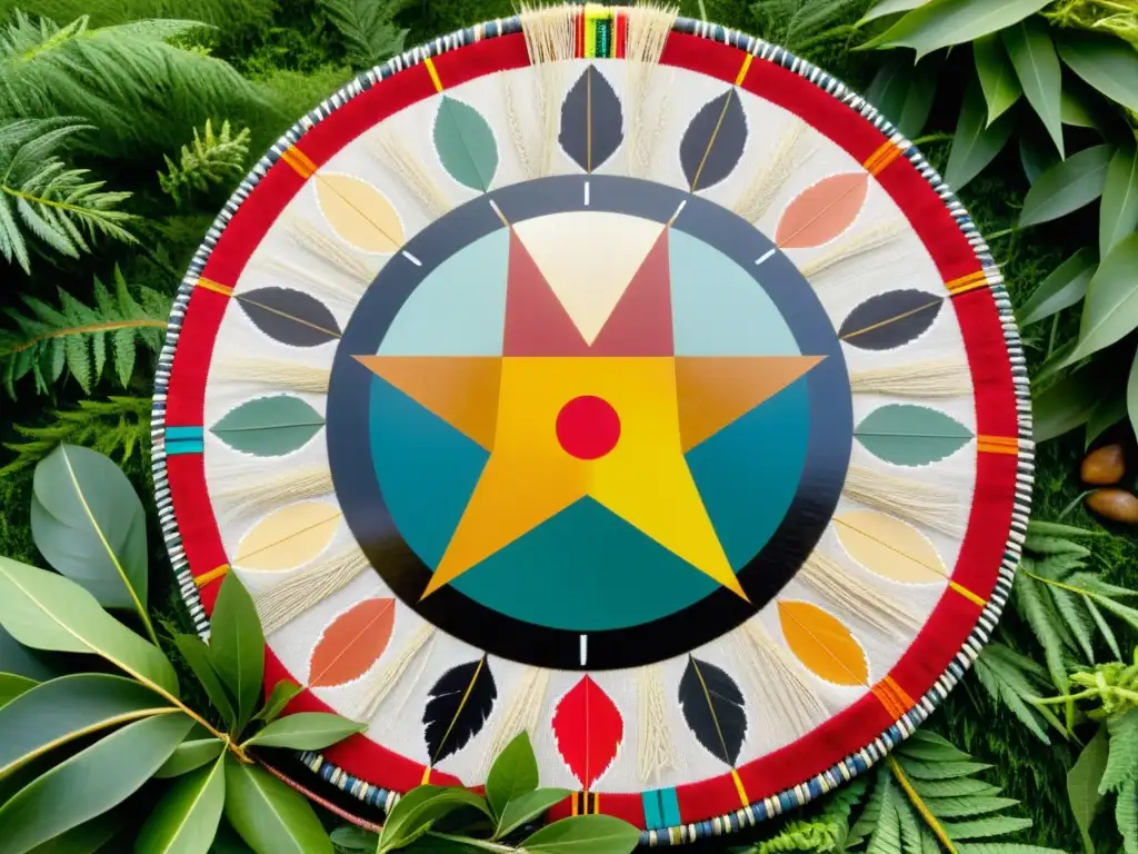 Un círculo de medicina nativo americano con elementos esenciales, tejido con plumas, piedras y madera, en conexión con la naturaleza y el cielo
