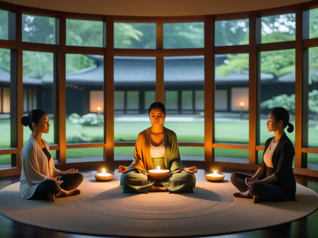 Un círculo de meditación guiada en un espacio sereno con practicantes de diferentes niveles, rodeado de símbolos de filosofías del mundo