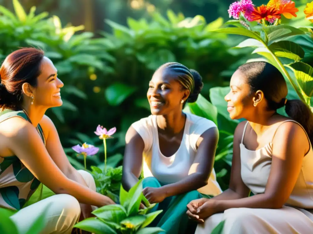 Un círculo de mujeres de diversas culturas conversando entre exuberante vegetación y flores