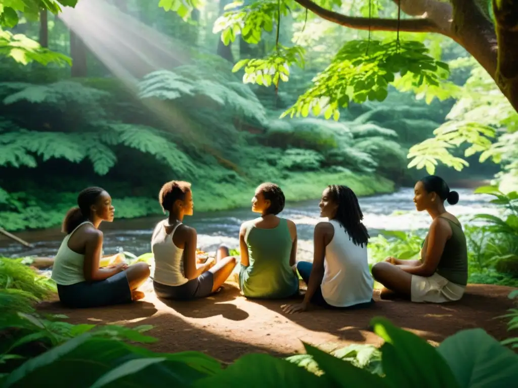 Un círculo de mujeres diversas discute apasionadas en un bosque exuberante, simbolizando la conexión del ecofeminismo en literatura