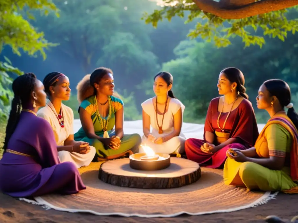 Un círculo de mujeres diversas en ceremonia espiritual al aire libre, rodeadas de naturaleza y objetos sagrados