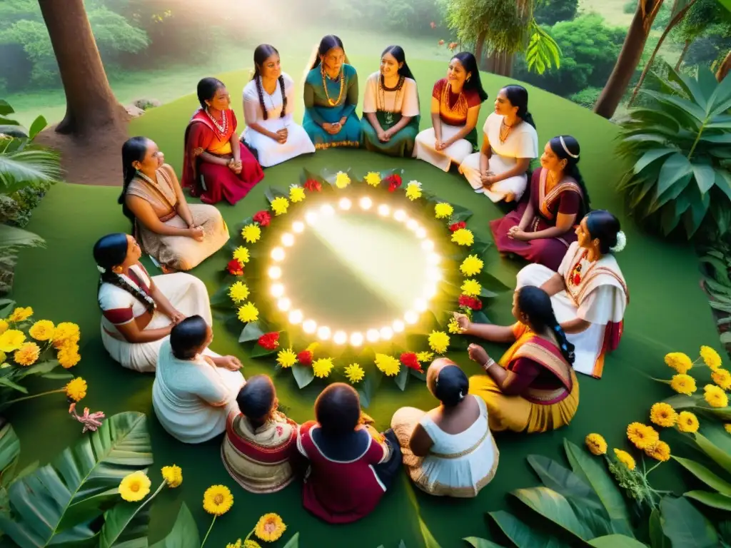 Un círculo de mujeres diversas de comunidades indígenas en un encuentro íntimo rodeado de naturaleza exuberante