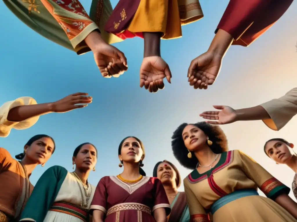 Solidaridad Global: Mujeres Diversas Mirando al Futuro Un círculo de mujeres diversas, unidas y determinadas, vistiendo trajes tradicionales, simbolizando el feminismo decolonial en un mundo globalizado