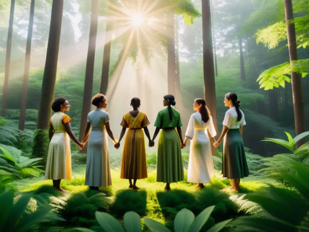 Un círculo de mujeres diversas en un bosque, unidas y empoderadas, representando el movimiento transformador del ecofeminismo