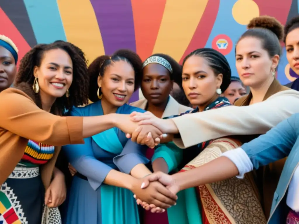 Un círculo de mujeres diversas en expresiones culturales feminismo decolonial, rodeadas de murales y pancartas de protesta