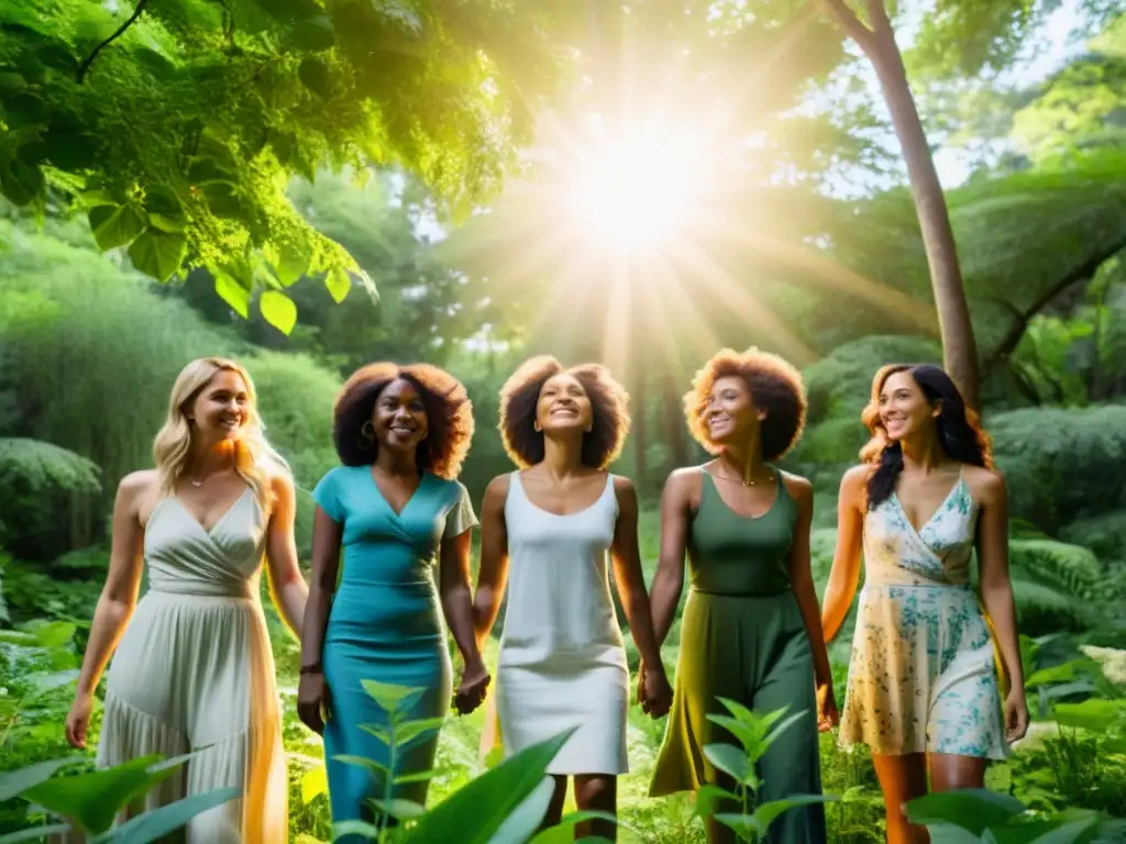 Un círculo de mujeres diversas se sostiene de las manos en un bosque verde mientras la luz solar brilla a través de los árboles