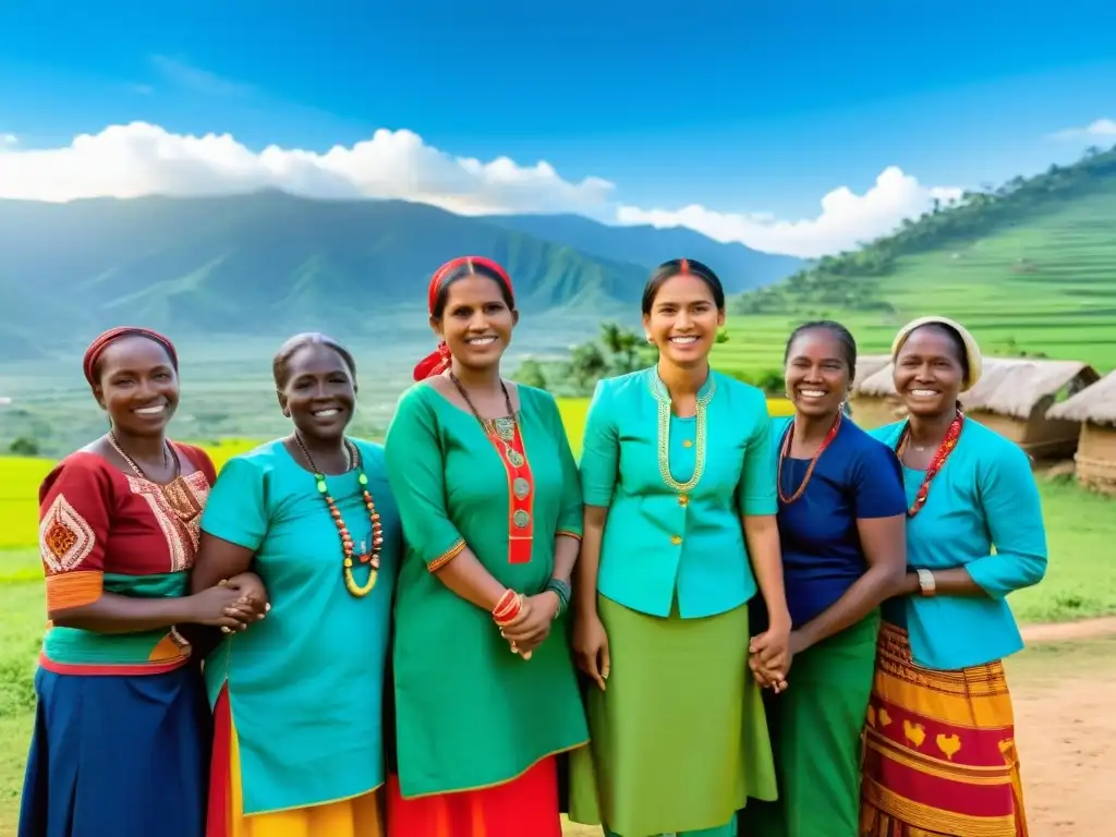 Un círculo de mujeres diversas se sostienen de las manos frente a montañas verdes