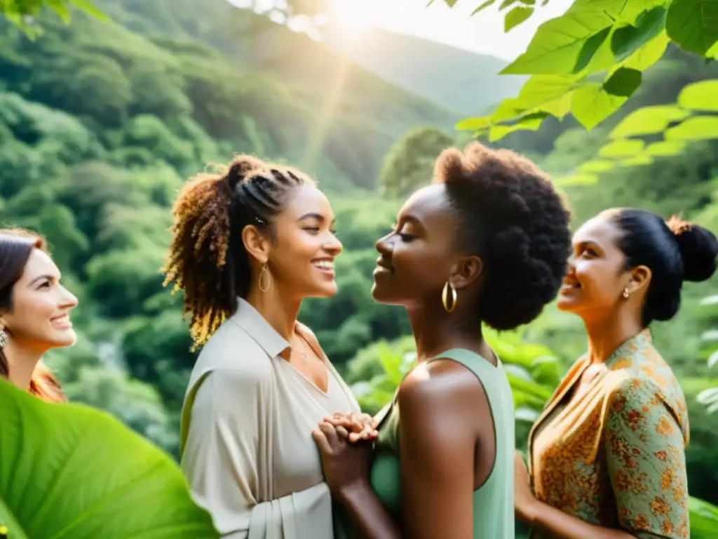 Un círculo de mujeres diversas sostienen sus manos en un bosque frondoso