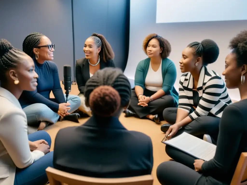 Un círculo de mujeres diversas discute ante micrófonos y equipo de grabación, desafiando discursos mediáticos