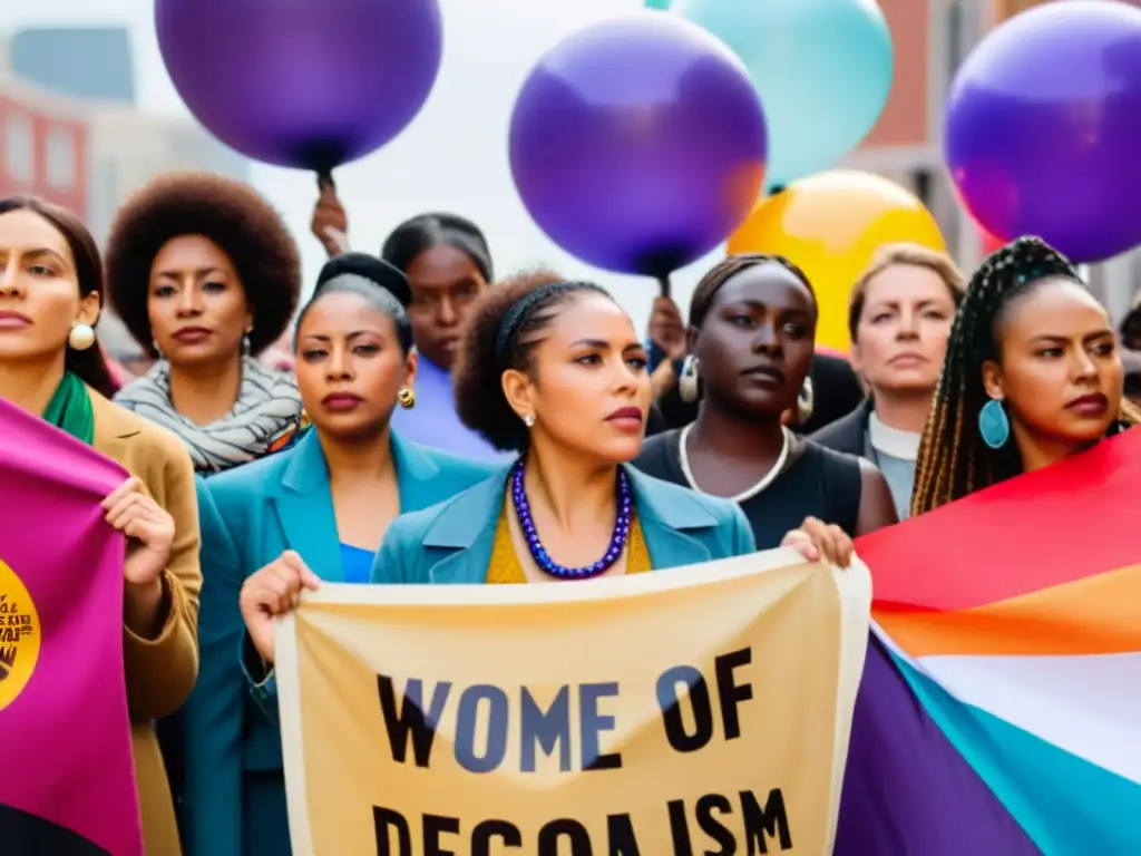 Un círculo de mujeres diversas unidas, mirada determinada, en un vibrante protesta con pancartas por el feminismo y la decolonización
