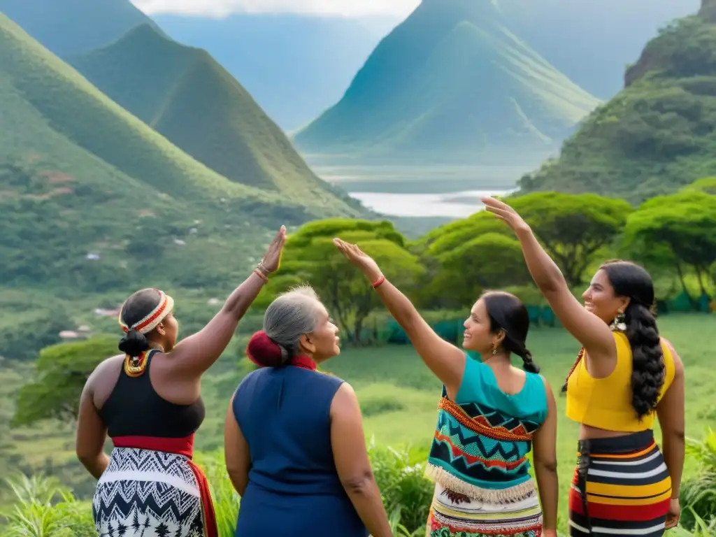 Un círculo de mujeres diversas en la naturaleza, expresando determinación y unidad en apoyo a la crítica al desarrollo desde perspectiva feminista decolonial