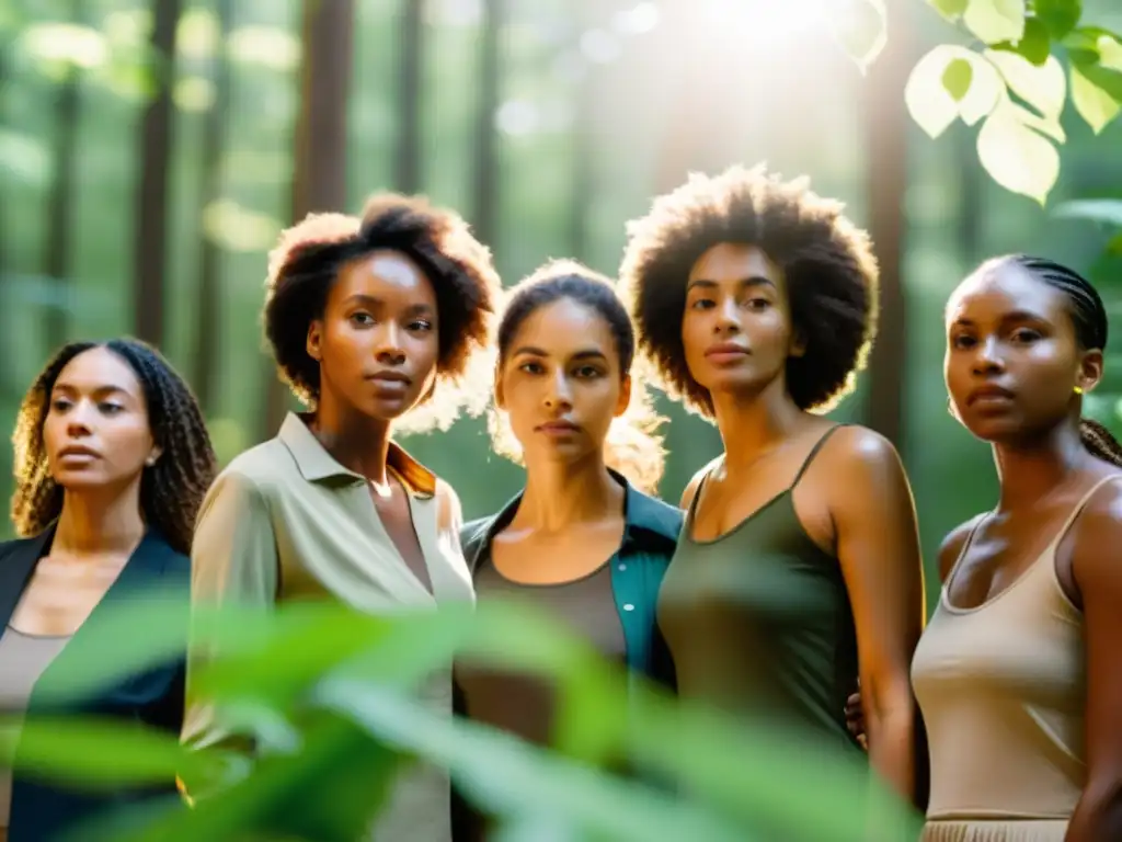 Un círculo de mujeres diversas en la naturaleza, mostrando empoderamiento y solidaridad