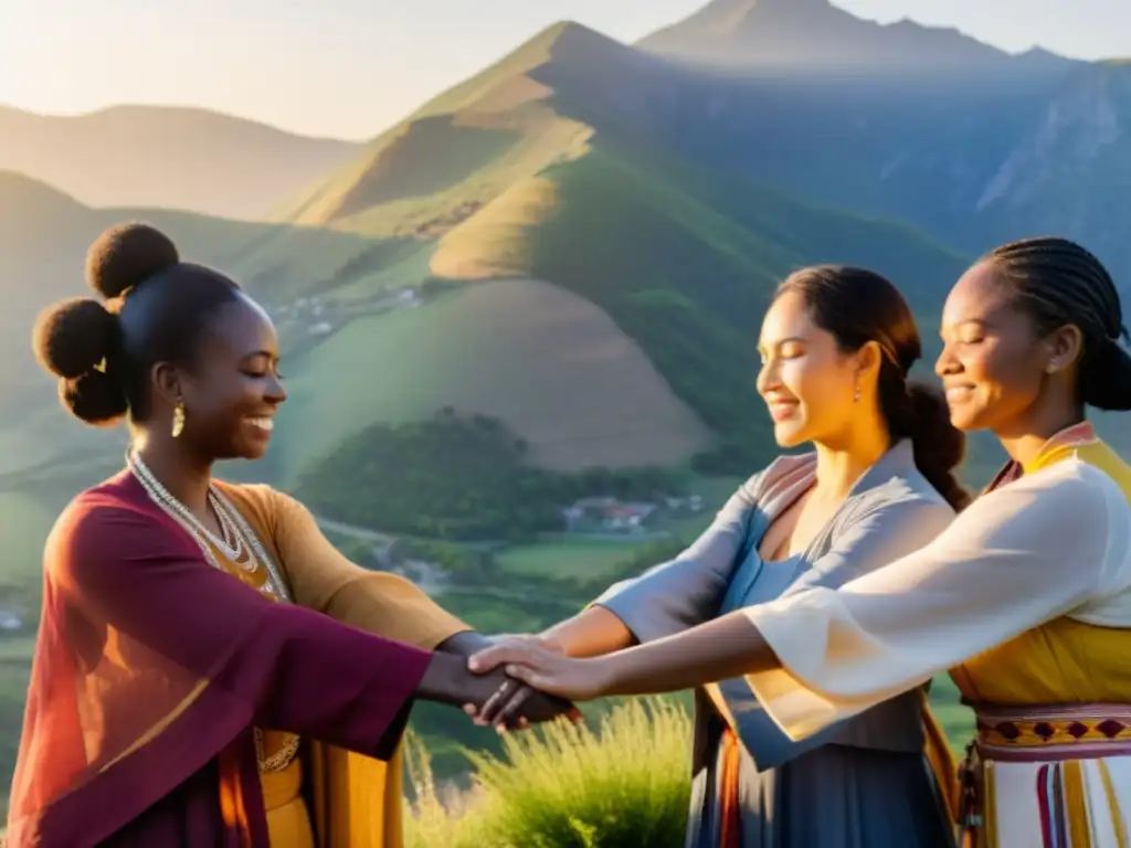 Un círculo de mujeres diversas unidas, con los ojos cerrados, en un paisaje sereno