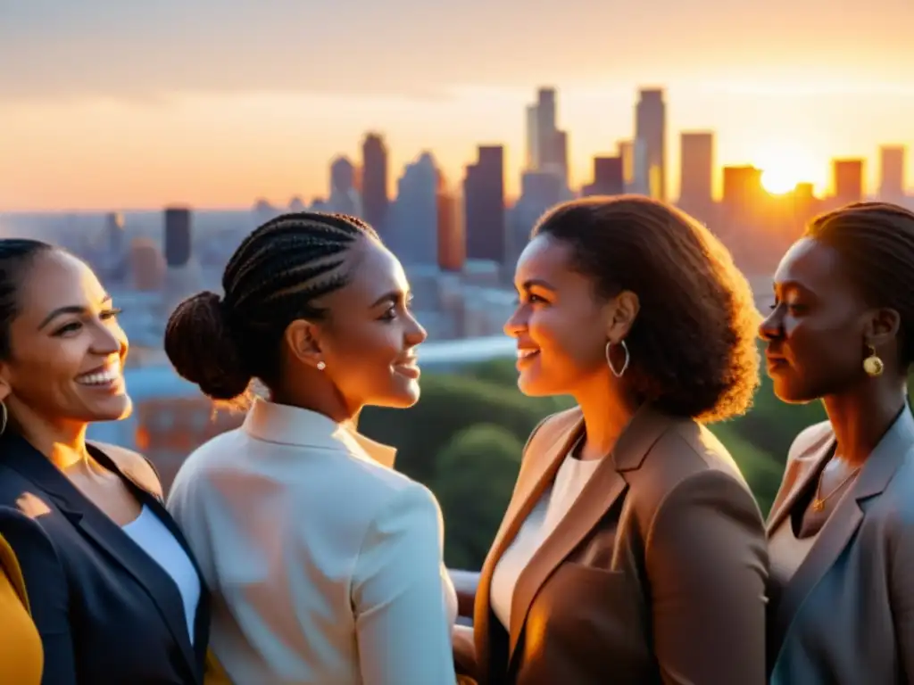 Un círculo de mujeres diversas discutiendo con pasión sobre cambio social, iluminadas por el cálido atardecer