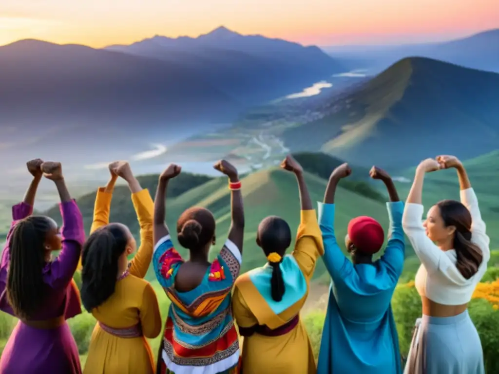 Un círculo de mujeres diversas levantan el puño con determinación, vistiendo trajes tradicionales de culturas variadas