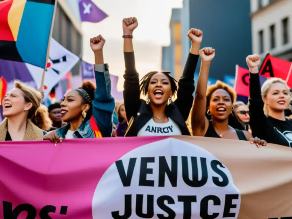 Un círculo de mujeres diversas levanta el puño unidas en lucha por el anarcofeminismo y la igualdad de género en una vibrante escena de protesta