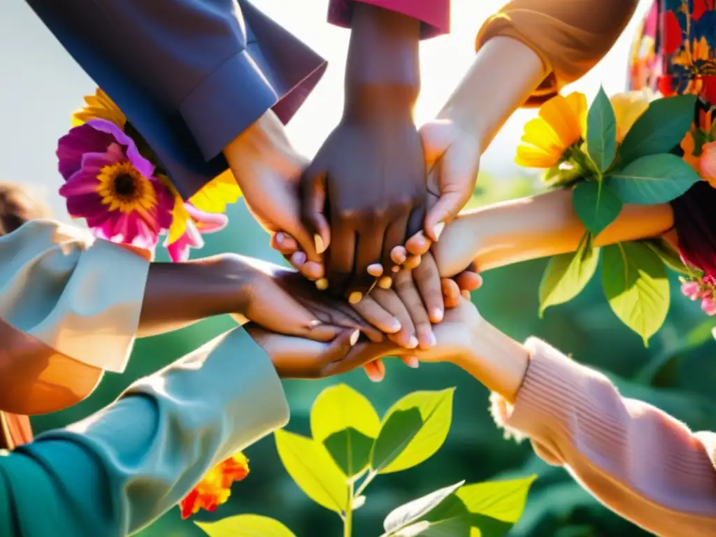 Un círculo de mujeres diversas unidas, rodeadas de naturaleza, representando la fuerza y unidad del Feminismo Decolonial en la memoria