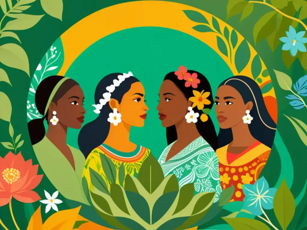 Un círculo de mujeres empoderadas en la naturaleza, representando el ecofeminismo y relaciones de poder