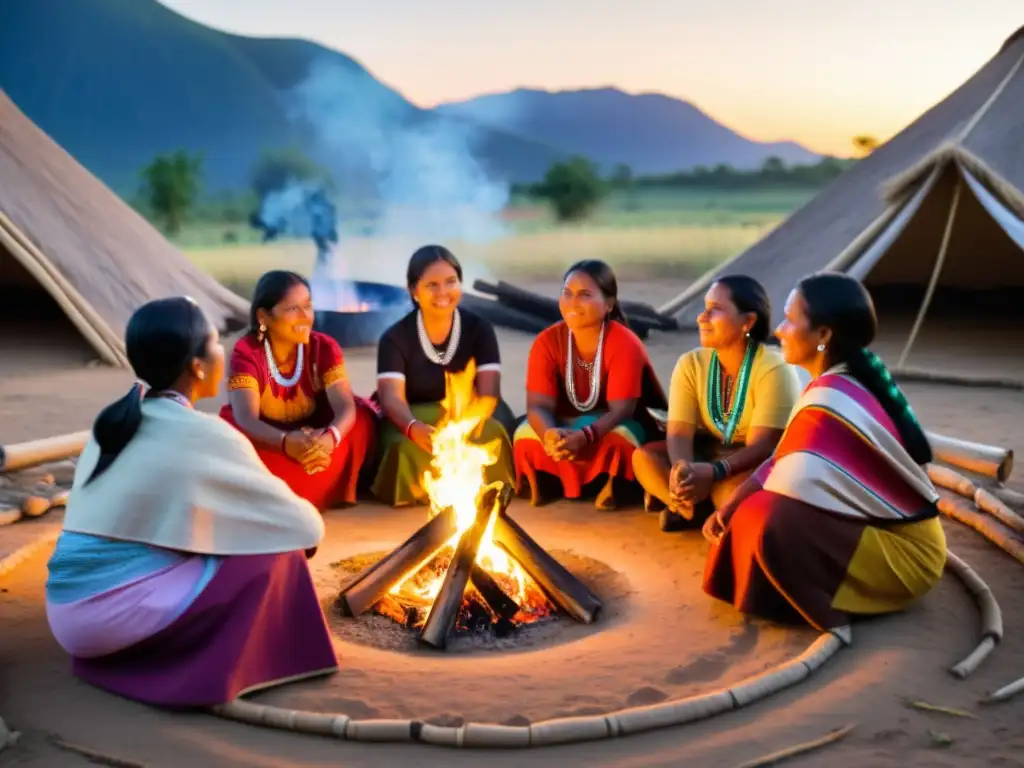 Mujeres indígenas danzando alrededor del fuego Un círculo de mujeres indígenas danzando alrededor del fuego en su aldea, mostrando empoderamiento femenino y tradiciones