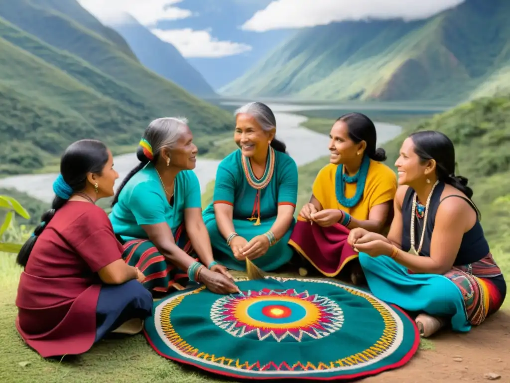 Un círculo de mujeres indígenas tejiendo patrones con hilos vibrantes, transmitiendo sabiduría ancestral