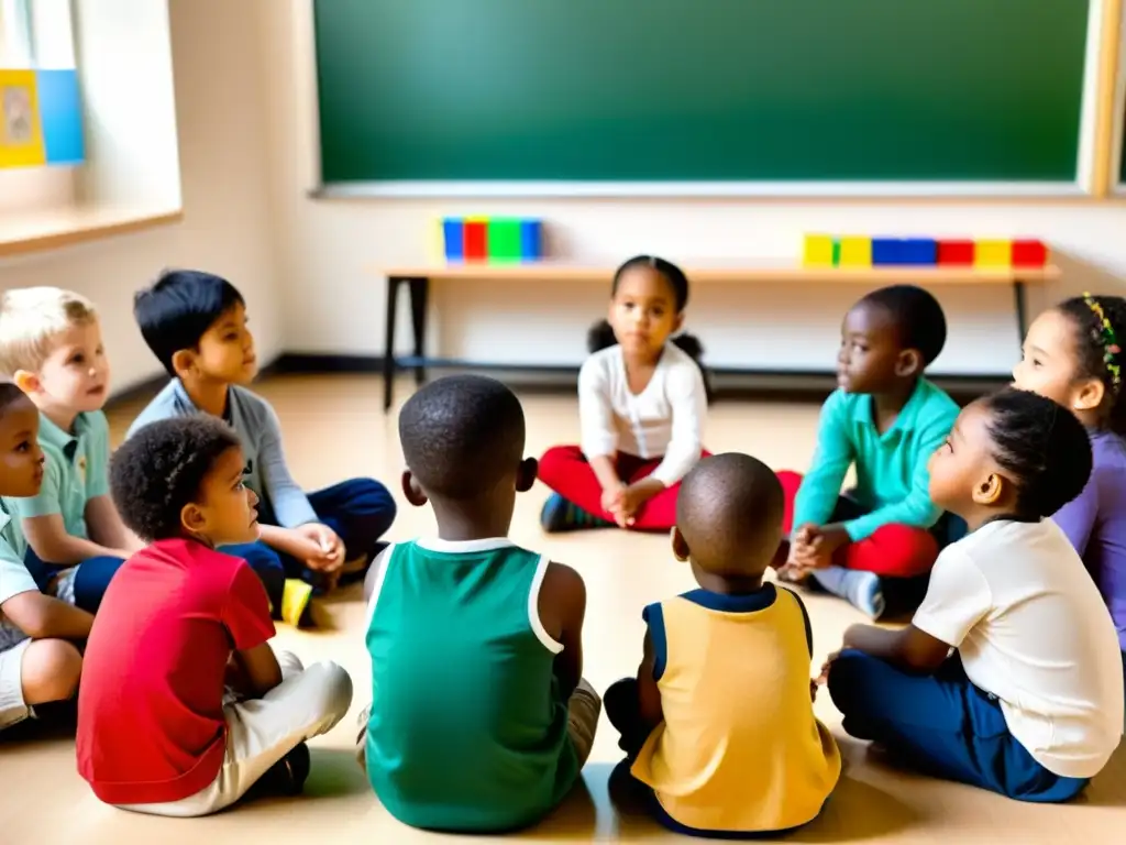 Un círculo de niños en clase participa en una discusión filosófica, rodeados de juguetes educativos y posters coloridos