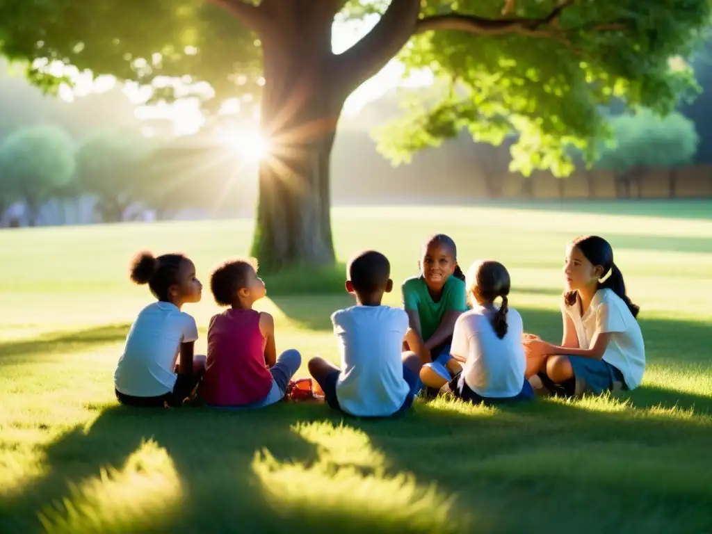 Un círculo de niños en un prado, inmersos en una profunda conversación sobre juegos educativos de filosofía