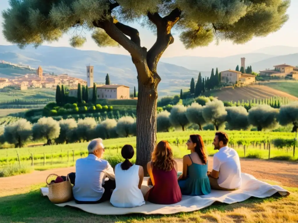 Un círculo de participantes en un retiro filosófico en la Toscana, bajo un olivo centenario, con las colinas y viñedos de fondo