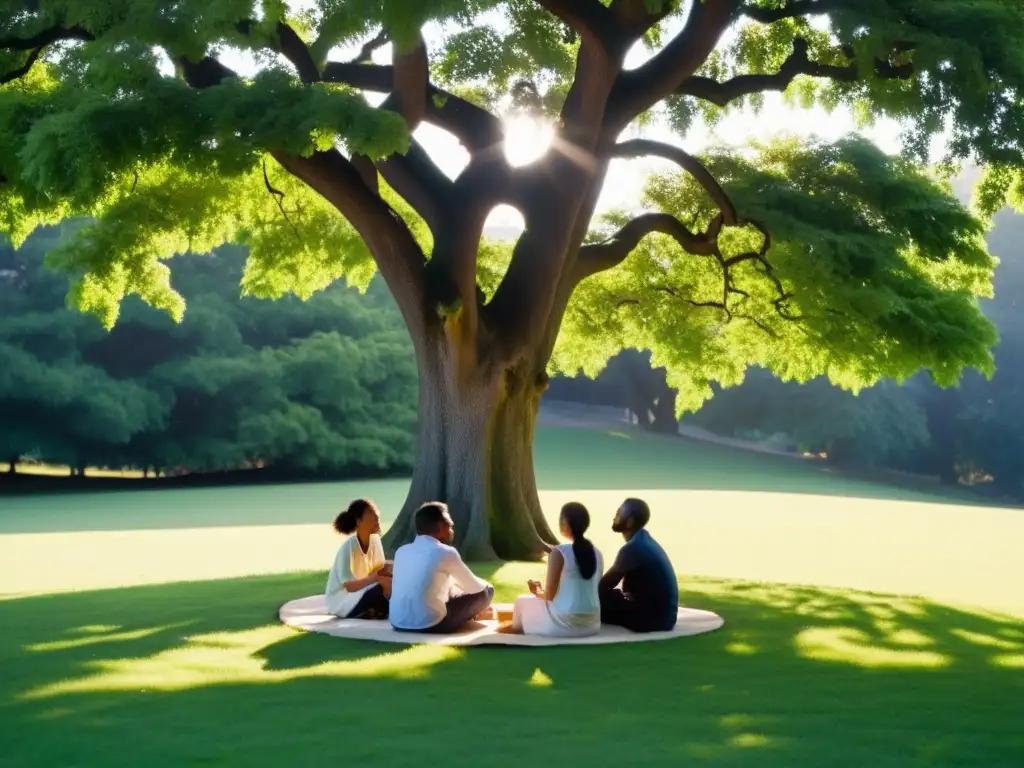 Un círculo de personas se reúne bajo un árbol para una profunda discusión filosófica, preparándose para un cambio inesperado