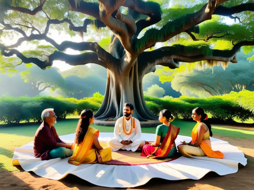 Un círculo de personas viste atuendos tradicionales indios bajo un árbol