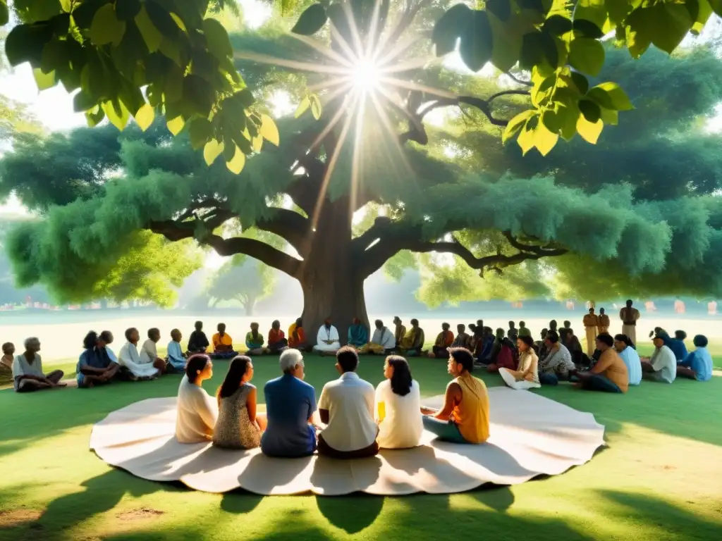 Un círculo de personas diversas bajo un árbol, inmersas en una profunda discusión con el Bhagavad Gita en el centro