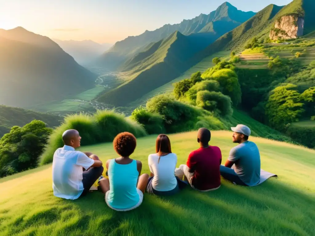 Un círculo de personas diversas conversa en una colina mientras el sol se pone entre montañas
