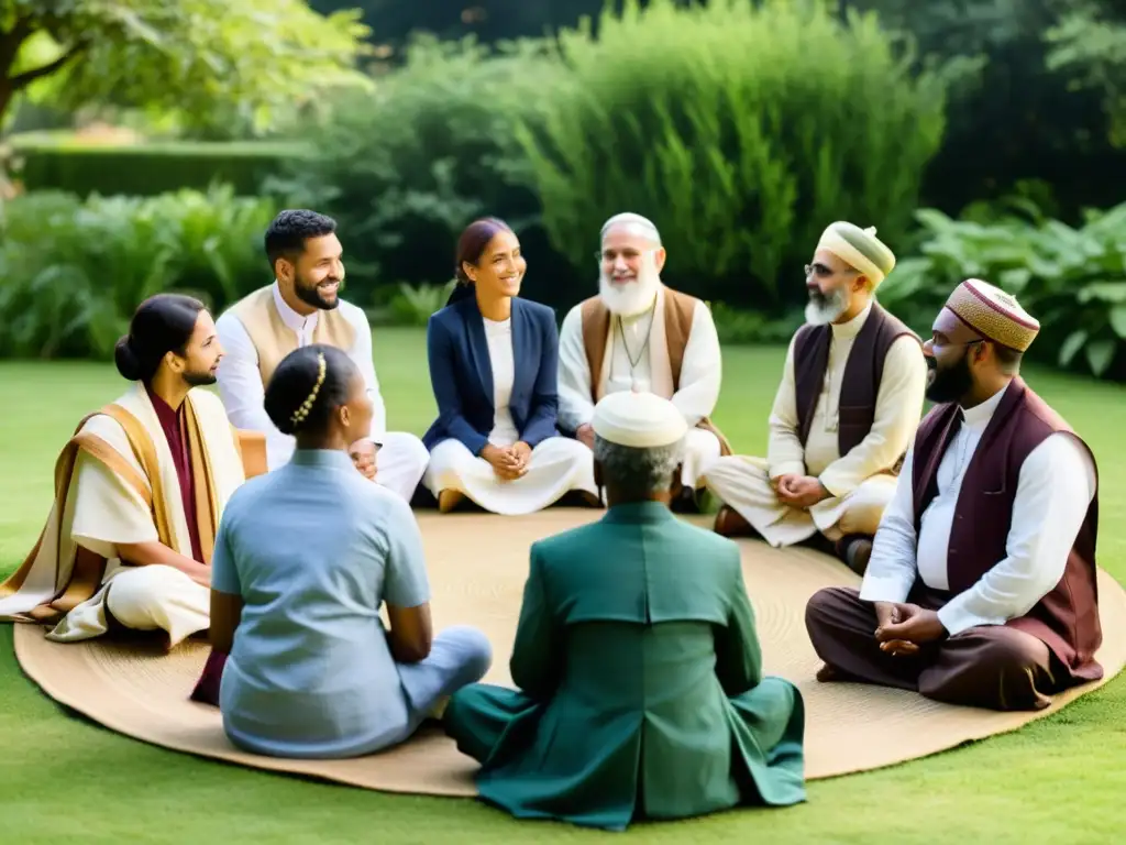 Un círculo de personas diversas en diálogo interreligioso, vistiendo atuendos tradicionales en un jardín tranquilo