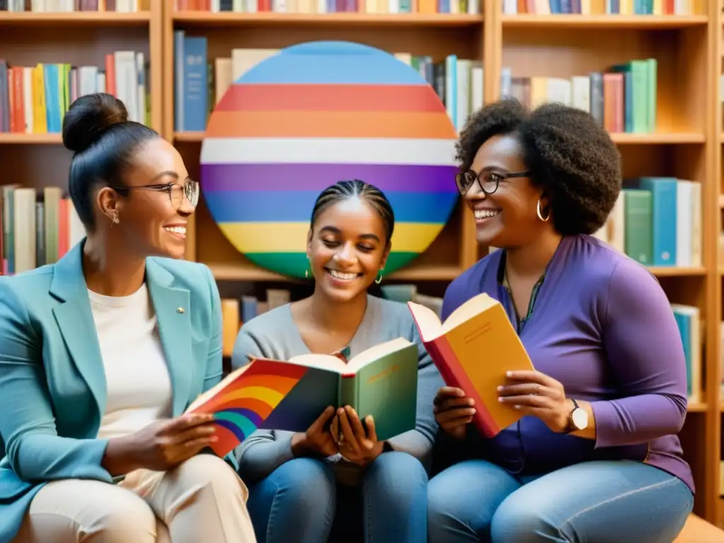 Un círculo de personas diversas sostiene libros con bandera arcoíris, dialogando con empatía en una biblioteca acogedora
