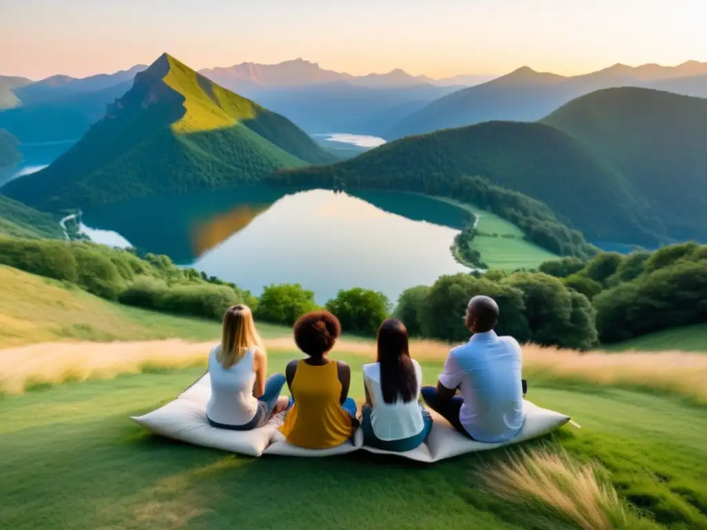 Un círculo de personas diversas conversando en un paisaje montañoso al atardecer